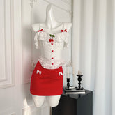 BXOXO - summer inspo 2025 New French Sweet Two-piece Short Crop Sling Tops + Bow A-line Skirts Suits Korean Spicy Girl Sexy Chic Sets